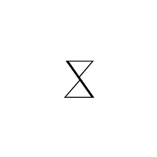 Black geometric hourglass symbol on a white background.