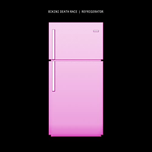Pink refrigerator with silver handles against a black background.