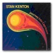 The image depicts a CD cover for the album "Journey into Capricorn" by Stan Kenton. The cover features a vibrant, abstract design with a swirling pattern of red, orange, and yellow hues that evoke a sense of movement and energy. The title of the album is written in white text along the right edge of the cover, while the artist's name is displayed prominently in yellow text at the top-left corner. The background of the cover is a deep blue, with subtle white speck