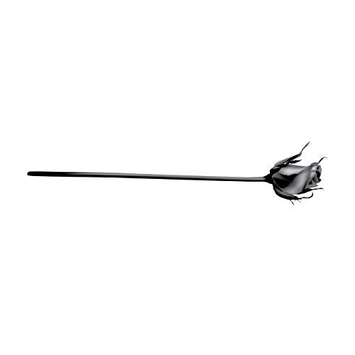 Black and white image of a single, wilting rose on white background.