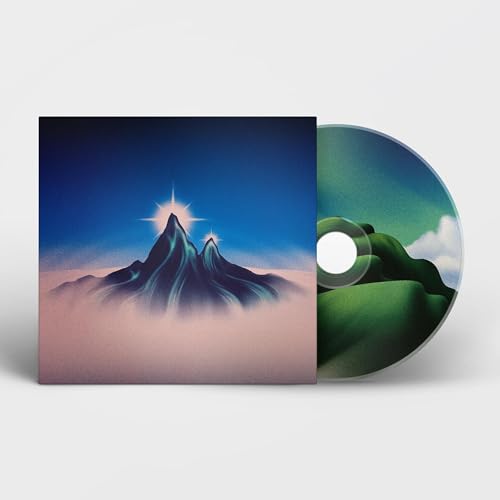 CD case with painted mountains and a glowing sunburst design.