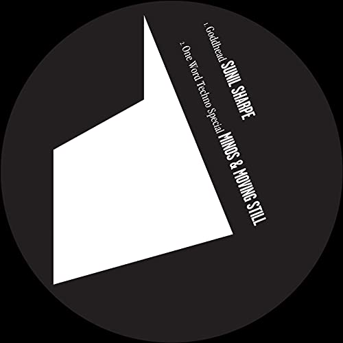 Black vinyl record label with white geometric design and tracklist text.