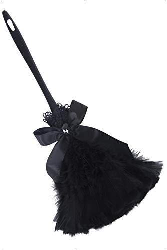 Black feather duster with handle, decorated with ribbon and lace, against a white background.