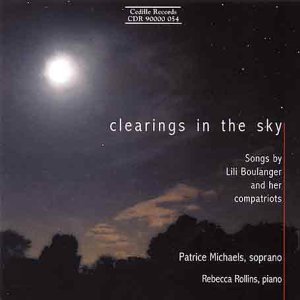 CD cover with night sky, moon, and trees, featuring white text "clearings in the sky".