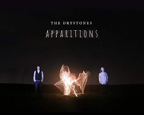 "Album cover with two men standing around a glowing sparkler in a dark field."