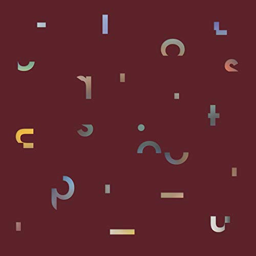 Abstract geometric shapes in muted colors on a dark red background.