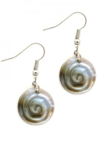 Silver earrings with circular, swirling mother-of-pearl pendants.