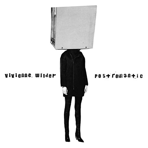 Person with a box over their head, black clothing, album cover.