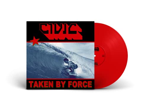 Red vinyl record with album cover featuring a surfer and red text.
