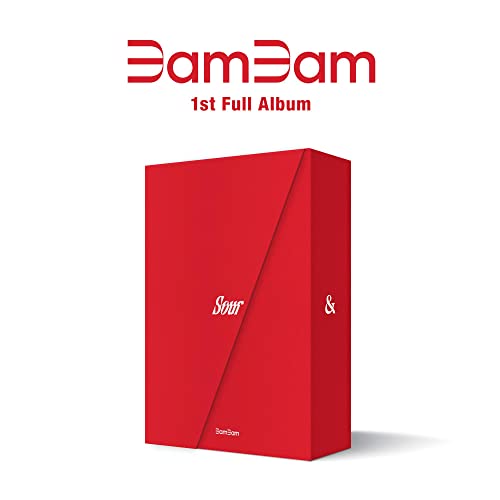 Red album packaging for Bambam’s “Sour & Sweet” with white text.