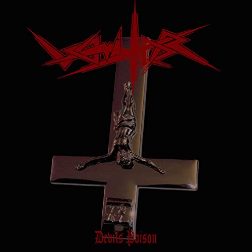 Black album cover with red band logo, inverted cross, and figure.