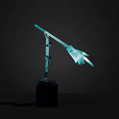 Robotic arm with a white glove hand pointing, dark background.