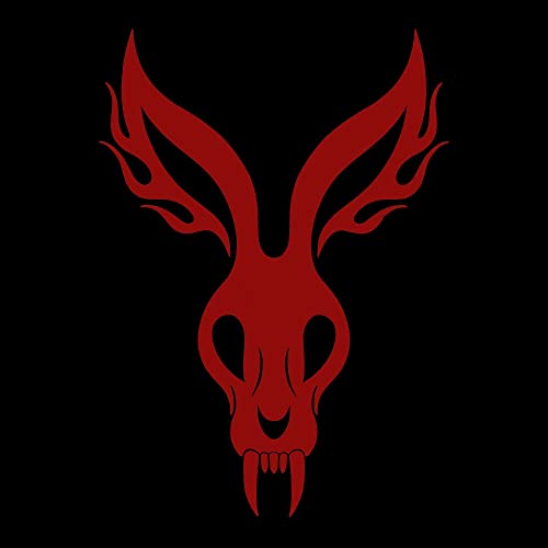 Red rabbit skull with flames against a black background.