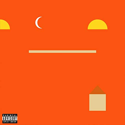 Orange album cover with geometric shapes: crescent moon, line, and house.