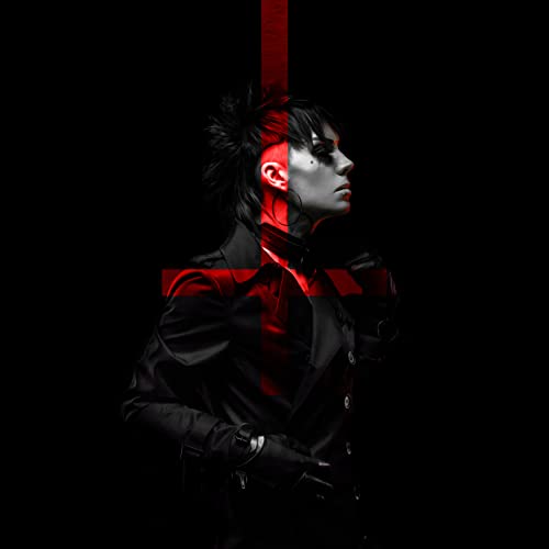 Dark portrait of a person with black hair and red accents.