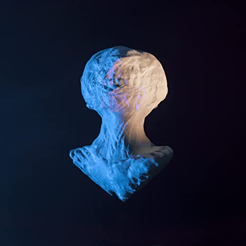 Abstract bust sculpture, illuminated with blue and warm light, dark background.