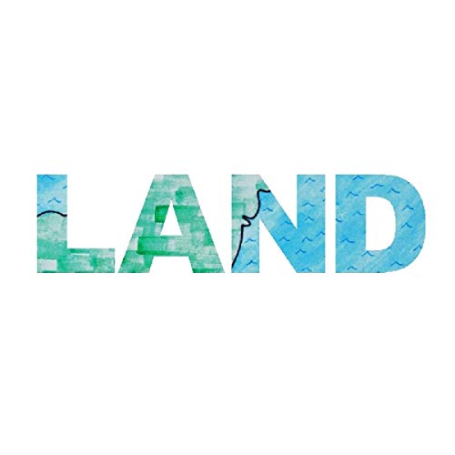The alt text for the image is: "The word 'LAND' in large, map-patterned letters on a white background."