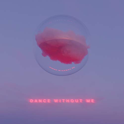 A pink cloud inside a transparent sphere against a purple background with neon text.