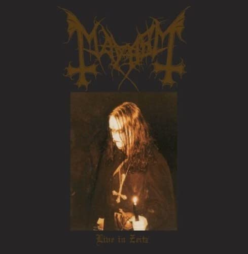 Mayhem album cover: dark image of a person with a candle.
