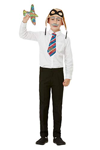 Young boy in pilot costume holding a toy airplane, wearing goggles and striped tie.