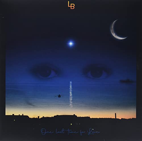 Album cover: dark blue sky, eyes, crescent moon, and distant cityscape.