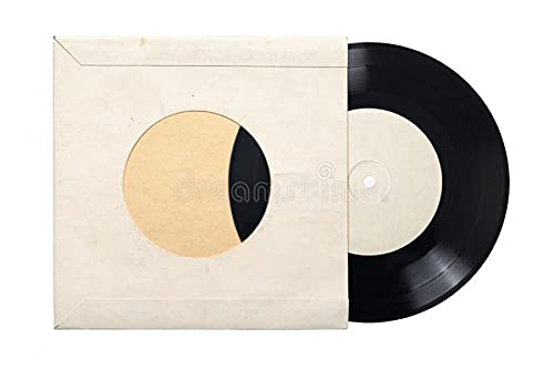 Vintage 7-inch vinyl record in a plain paper sleeve, side view.