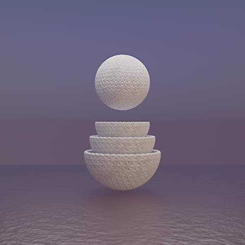 Stack of four textured, white bowls against a purple gradient background.
