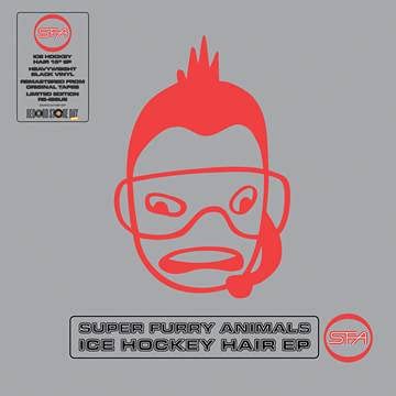 Red cartoon monkey face with goggles on a gray record sleeve.