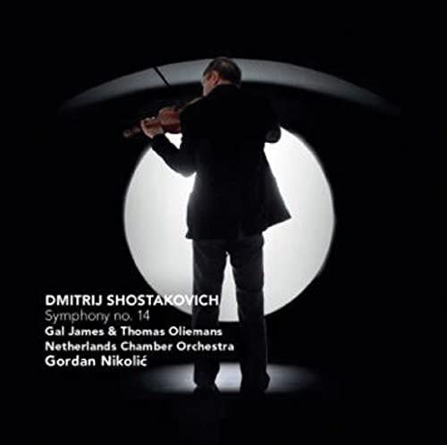 Violinist silhouetted against a bright circle, album cover for Shostakovich’s Symphony No. 14.