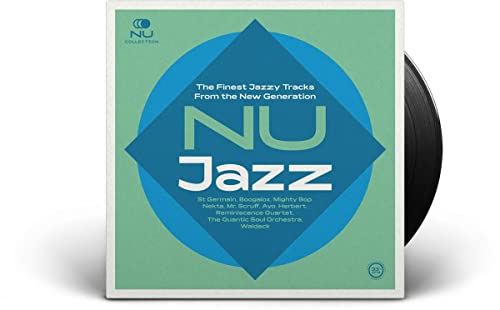 NU Jazz" vinyl record cover with blue geometric design and black disc.