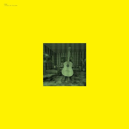 Yellow album cover featuring a guitar with feet for a base.