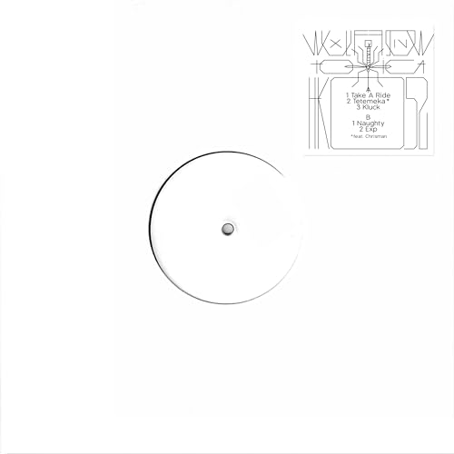 White vinyl record with black geometric design and tracklist text.
