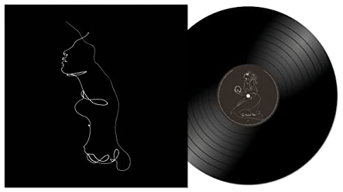 Black vinyl record with white line art of a face and figure.