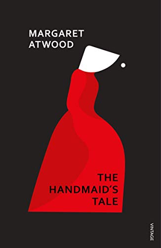 "The Handmaid's Tale" book cover with red dress and white headpiece on black background.