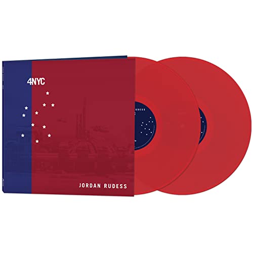 Red vinyl record set, “4NYC” by Jordan Rudess, with cityscape cover.