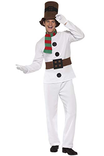 Man dressed as snowman in white costume, brown hat, and red and green scarf.