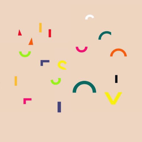 Abstract geometric shapes in bright colors on a tan background.
