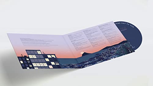 Open CD case with tracklist and cityscape artwork in shades of blue and orange.