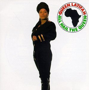 Queen Latifah album cover, featuring her in a black suit and Africa silhouette.