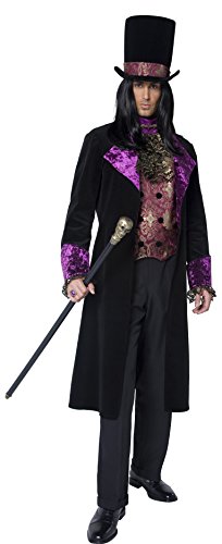 Man dressed in black and purple Gothic costume, holding a cane, against a white background.