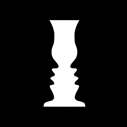 White vase graphic against a black background, creating a visual illusion.