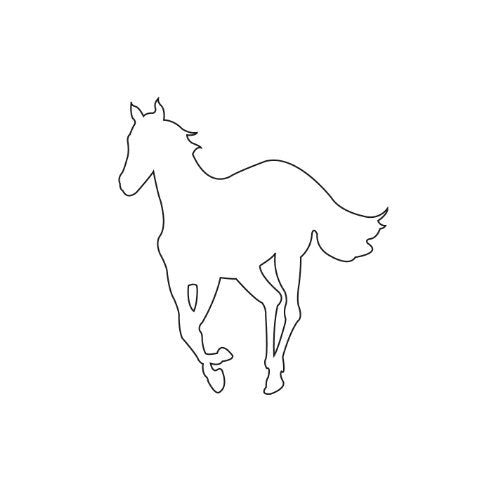 Line drawing of a white horse in a running pose.