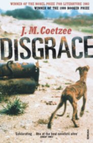 Book cover of "Disgrace" by J.M. Coetzee, featuring a dog and rusty metal drum.