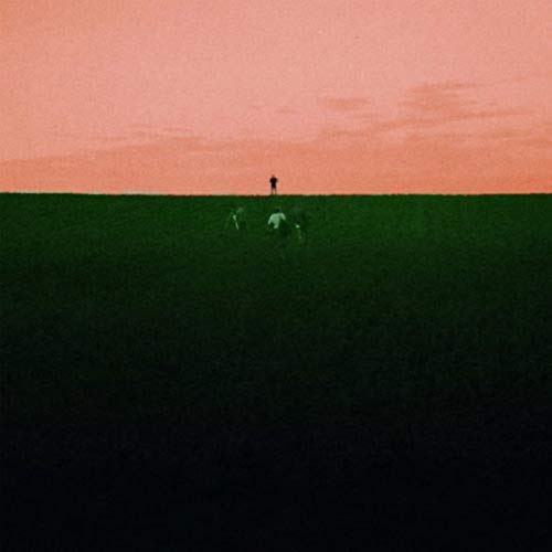 People lying in a green field under a pink sky.
