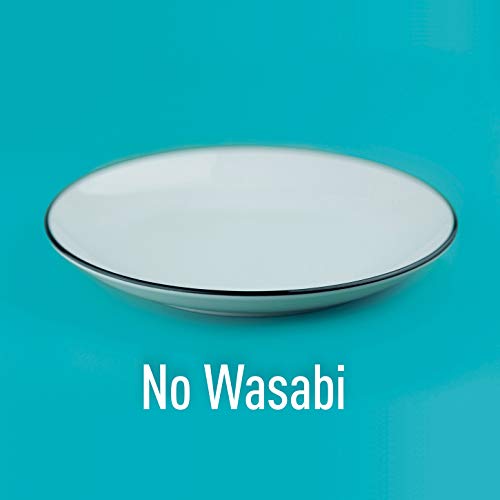 White plate with black rim on a teal background with "No Wasabi" text below.