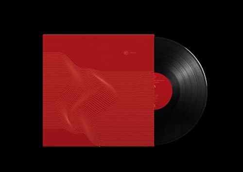 Red vinyl record cover with wavy lines and black disc.