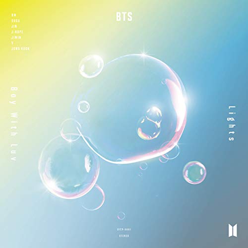 BTS CD cover featuring iridescent bubbles on a blue and yellow gradient background.