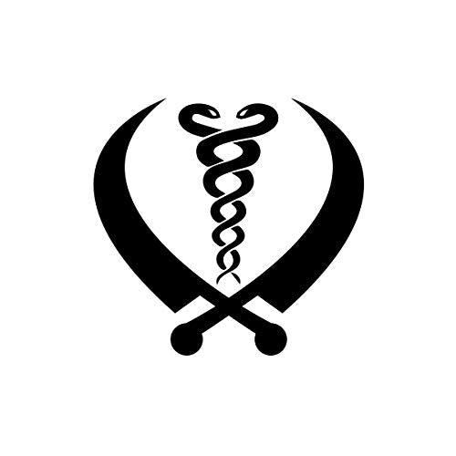 The image depicts a black logo on a white background. The logo is a stylized design featuring a snake intertwined with two crossed objects, resembling a pair of scimitars or swords. The snake is positioned vertically, with its head at the top and tail at the bottom, and is wrapped around the center of the crossed objects. The objects are curved and symmetrical, forming a heart-like shape around the snake. The alt text for this image could be: "Black logo with snake and crossed