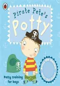 "Pirate Pete sits on a potty, wearing a pirate hat, against a blue background."
