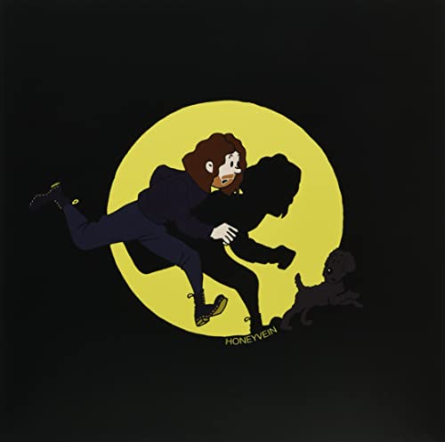 Illustration of two figures grappling before a yellow circle and a dog.